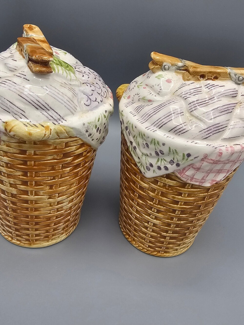 Enesco Ceramic Basket Weave Canisters with Cloth Lid Design - Set of 2
